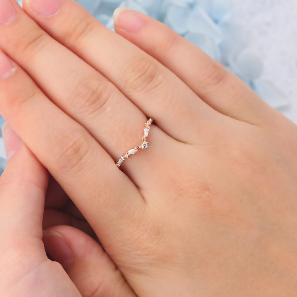 Matte Finish Round Moissanite Wedding Band Leaves Stacking Ring