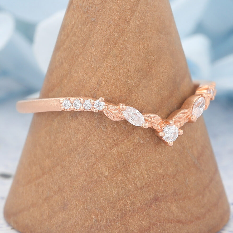 Matte Finish Round Moissanite Wedding Band Leaves Stacking Ring