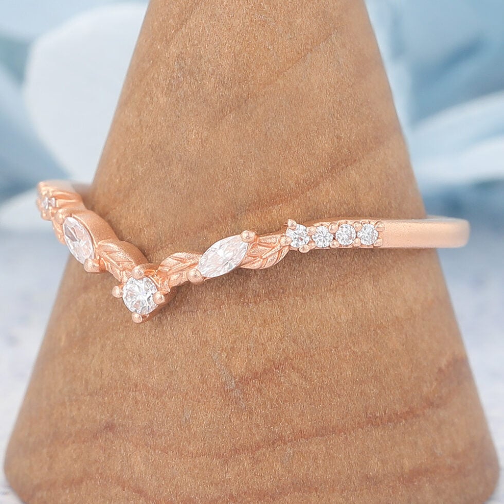 Matte Finish Round Moissanite Wedding Band Leaves Stacking Ring