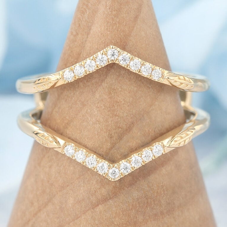Pavé Moissanite Double Wedding Band with Leaf Accents