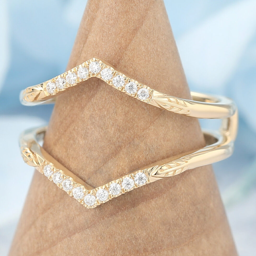 Pavé Moissanite Double Wedding Band with Leaf Accents