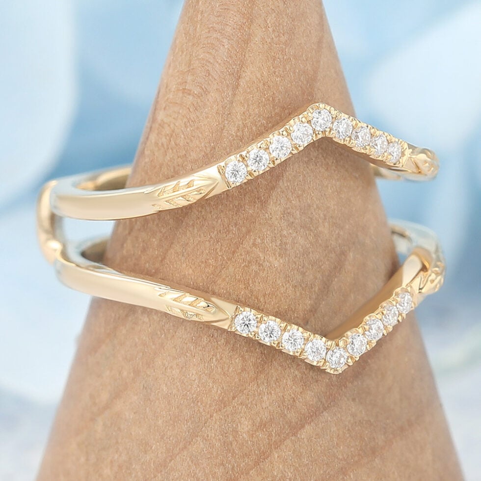 Pavé Moissanite Double Wedding Band with Leaf Accents