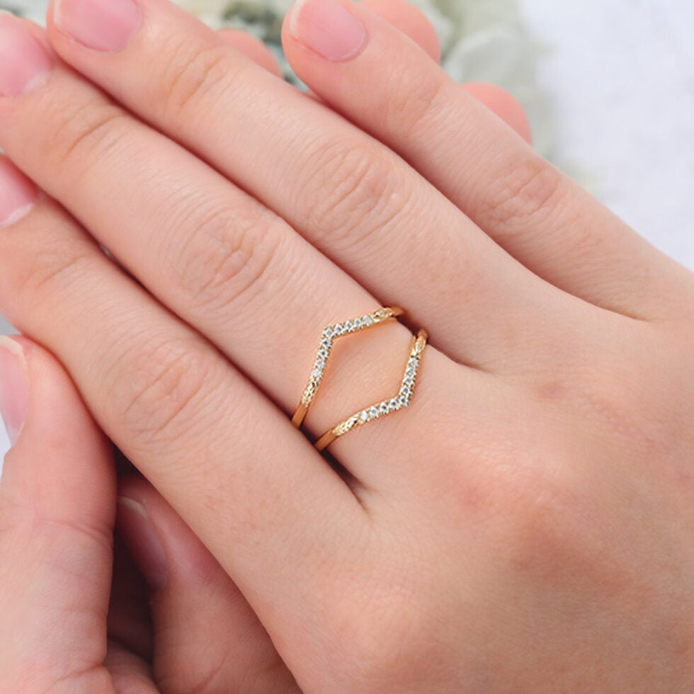 Pavé Moissanite Double Wedding Band with Leaf Accents