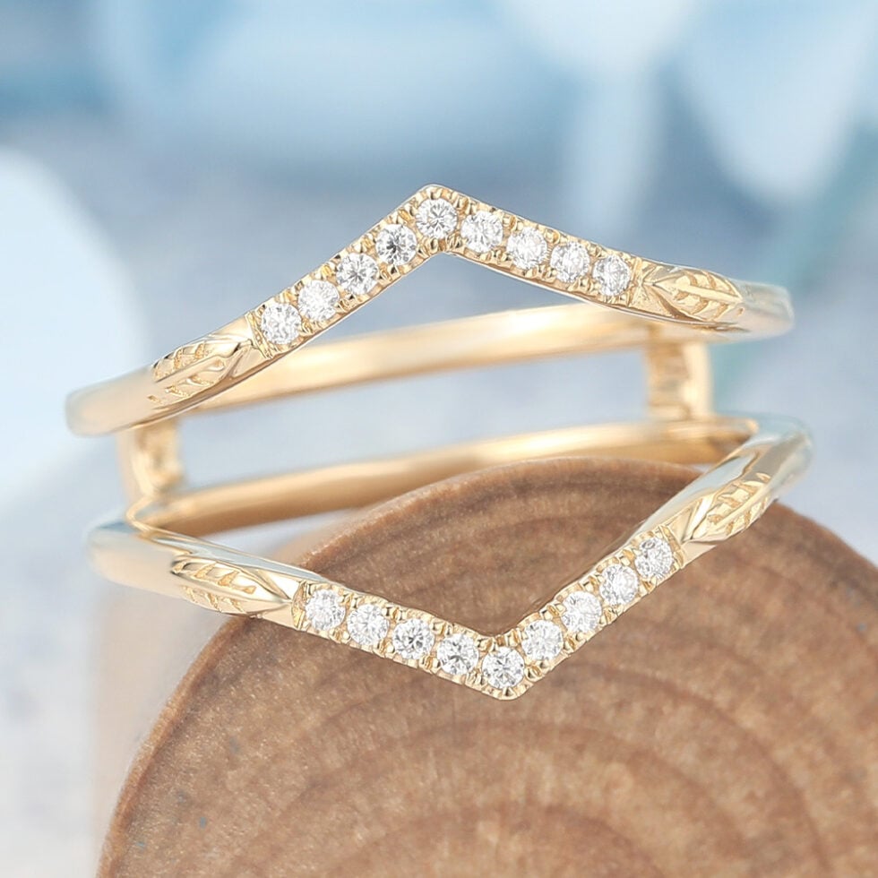 Pavé Moissanite Double Wedding Band with Leaf Accents