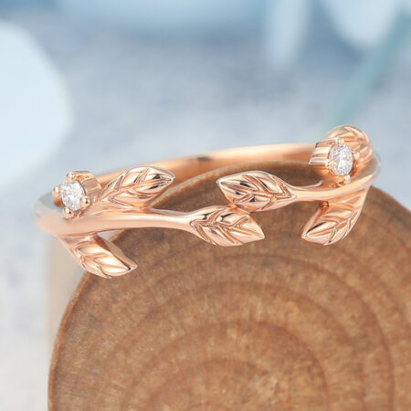 Western Wedding Rings Leaf-Inspired Curved Wedding Band with Moissanite Accents