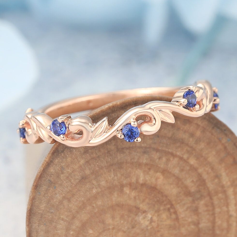 Nature-Inspired Curved Wedding Band with Sapphire Accents