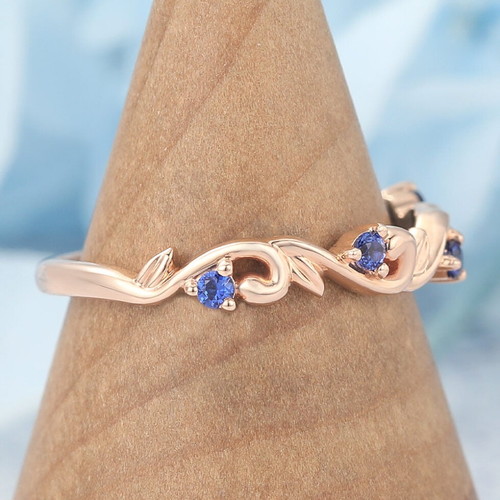 Nature-Inspired Curved Wedding Band with Sapphire Accents
