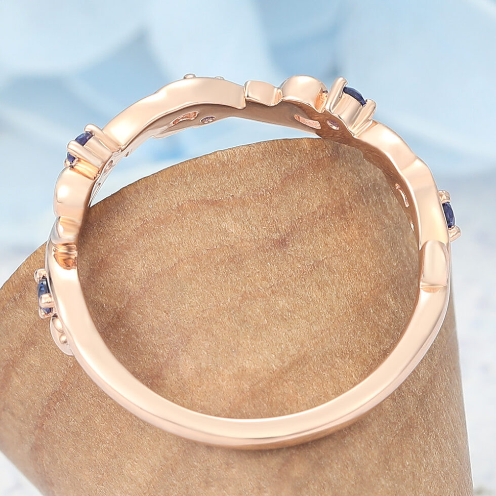 Nature-Inspired Curved Wedding Band with Sapphire Accents