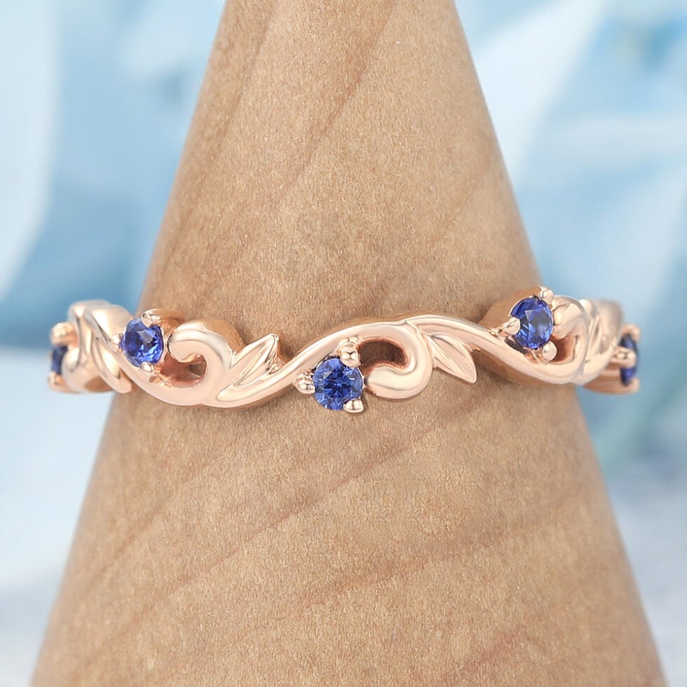 Nature-Inspired Curved Wedding Band with Sapphire Accents