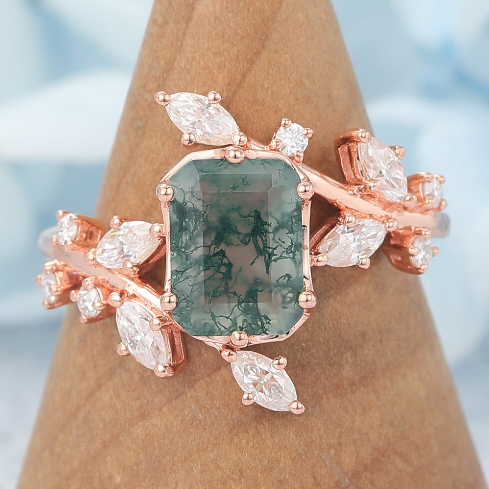 Octagon Cut Moss Agate Engagement Ring Natural-Inspired Bypass Band