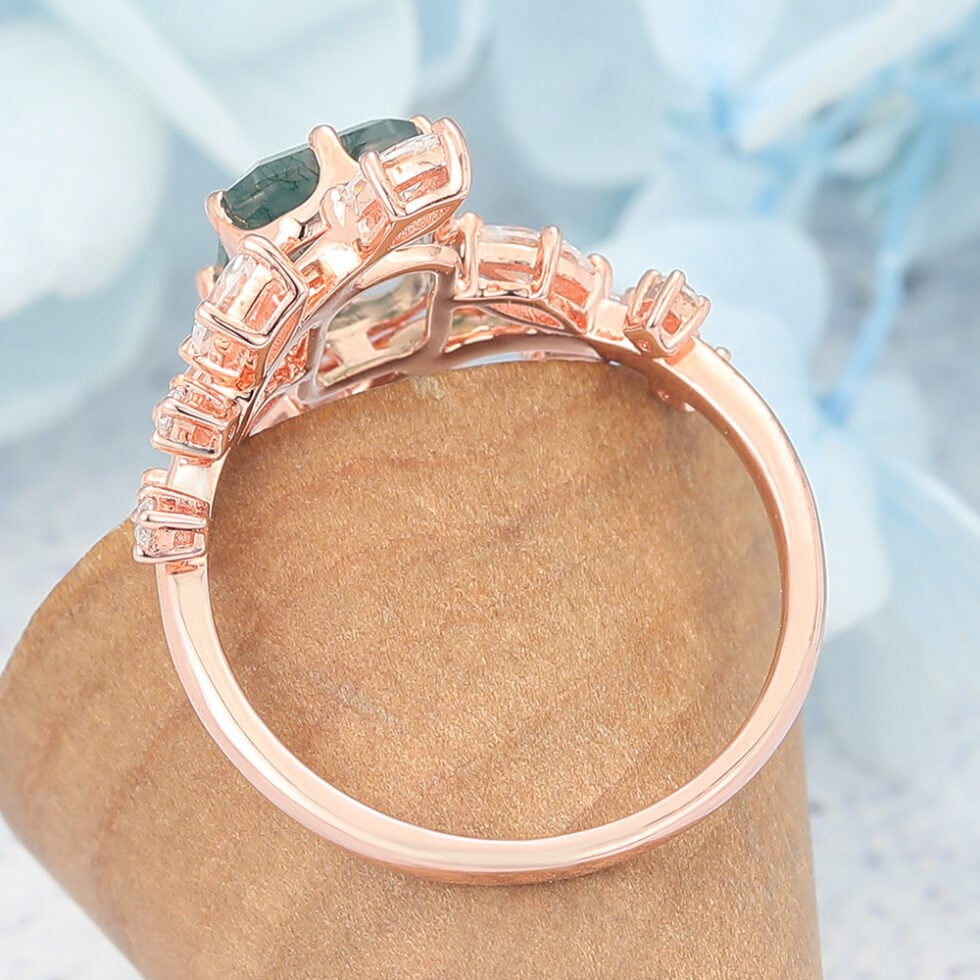 Octagon Cut Moss Agate Engagement Ring Natural-Inspired Bypass Band