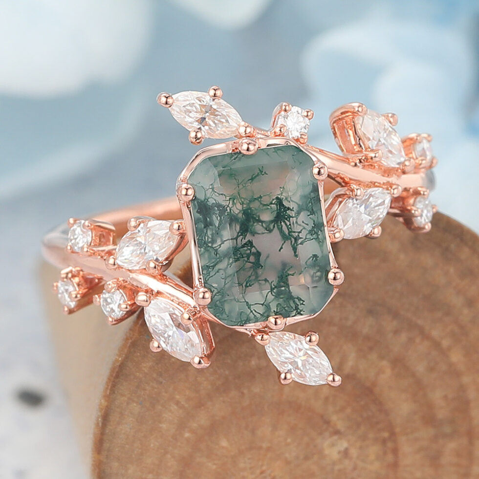 Octagon Cut Moss Agate Engagement Ring Natural-Inspired Bypass Band