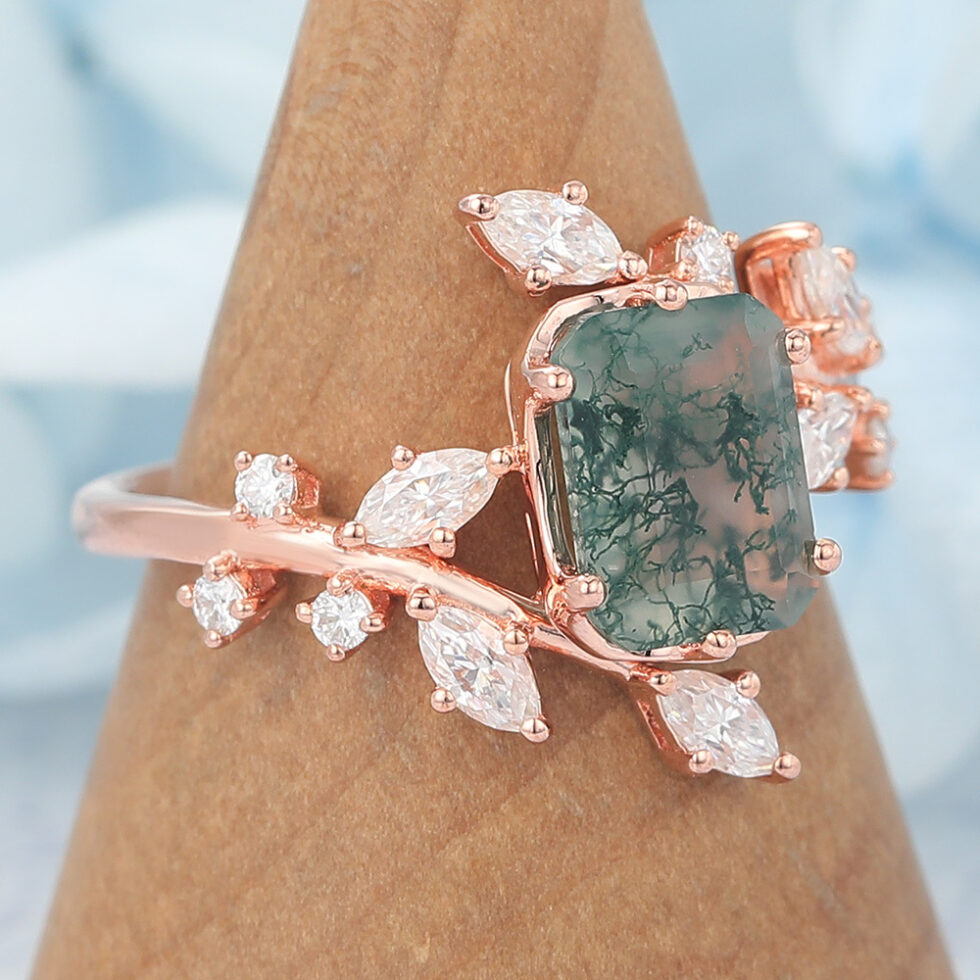 Octagon Cut Moss Agate Engagement Ring Natural-Inspired Bypass Band