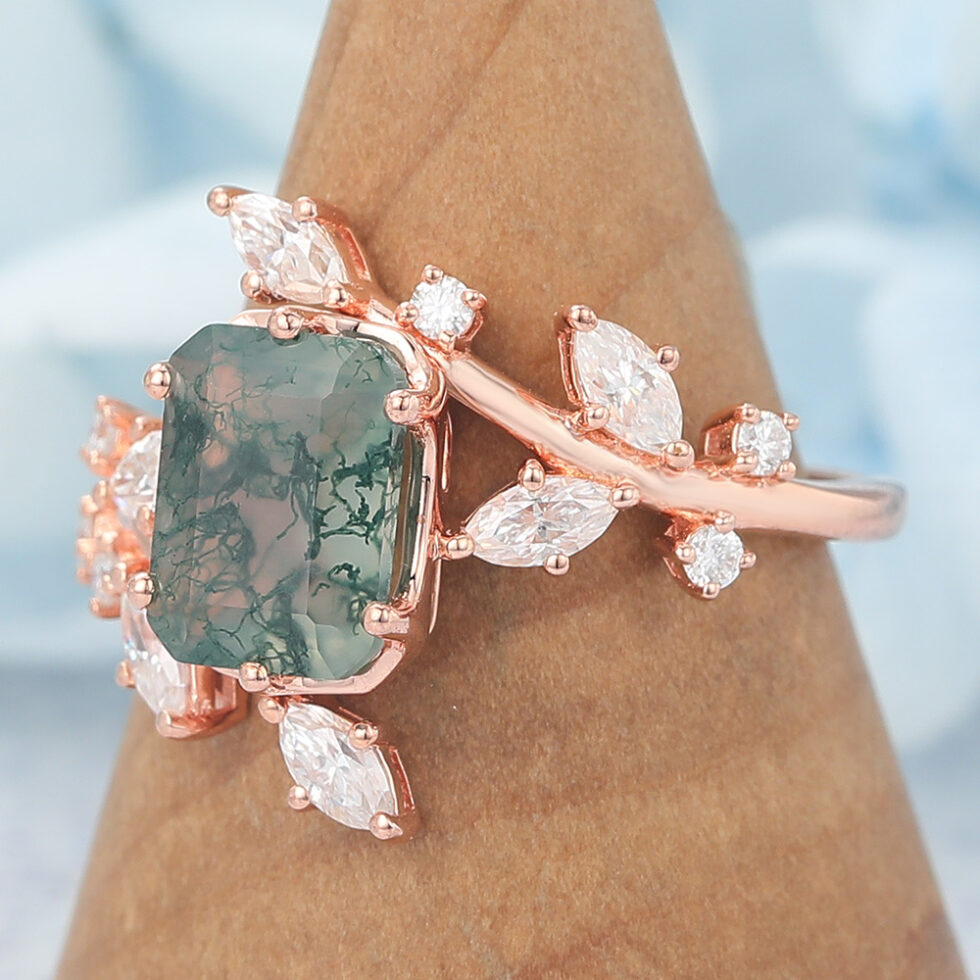 Octagon Cut Moss Agate Engagement Ring Natural-Inspired Bypass Band