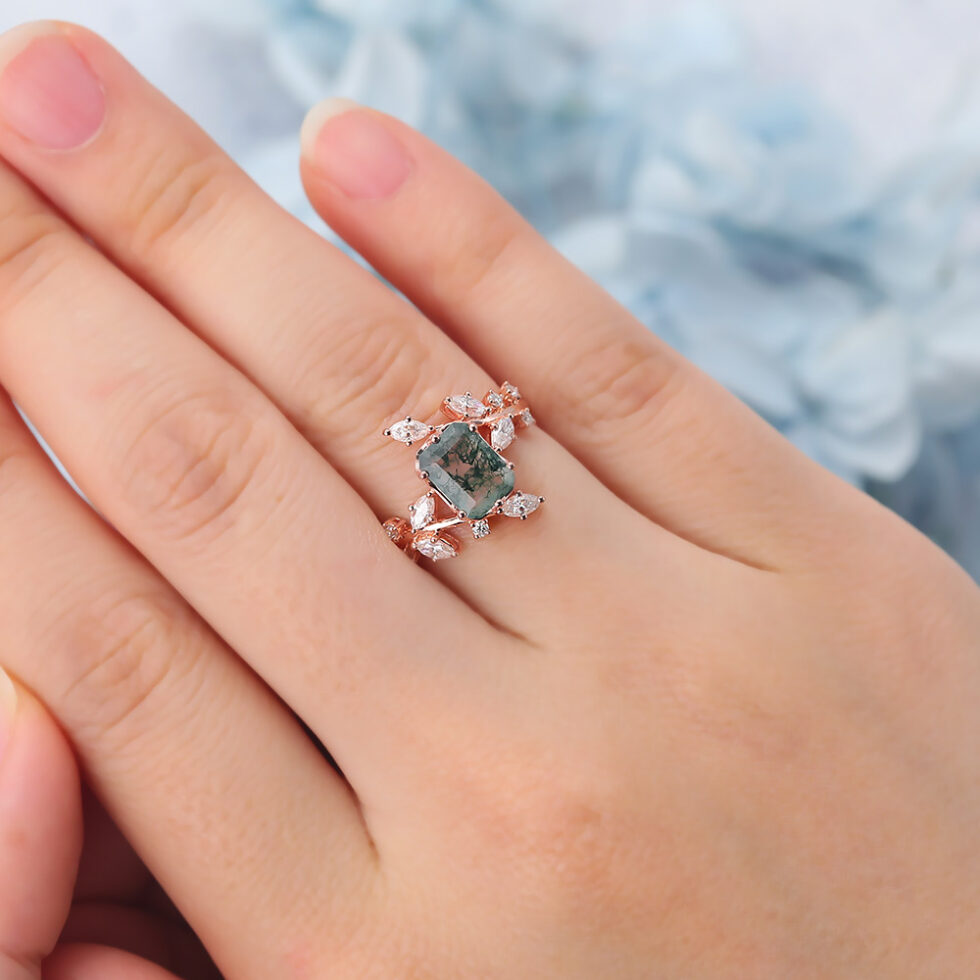 Octagon Cut Moss Agate Engagement Ring Natural-Inspired Bypass Band