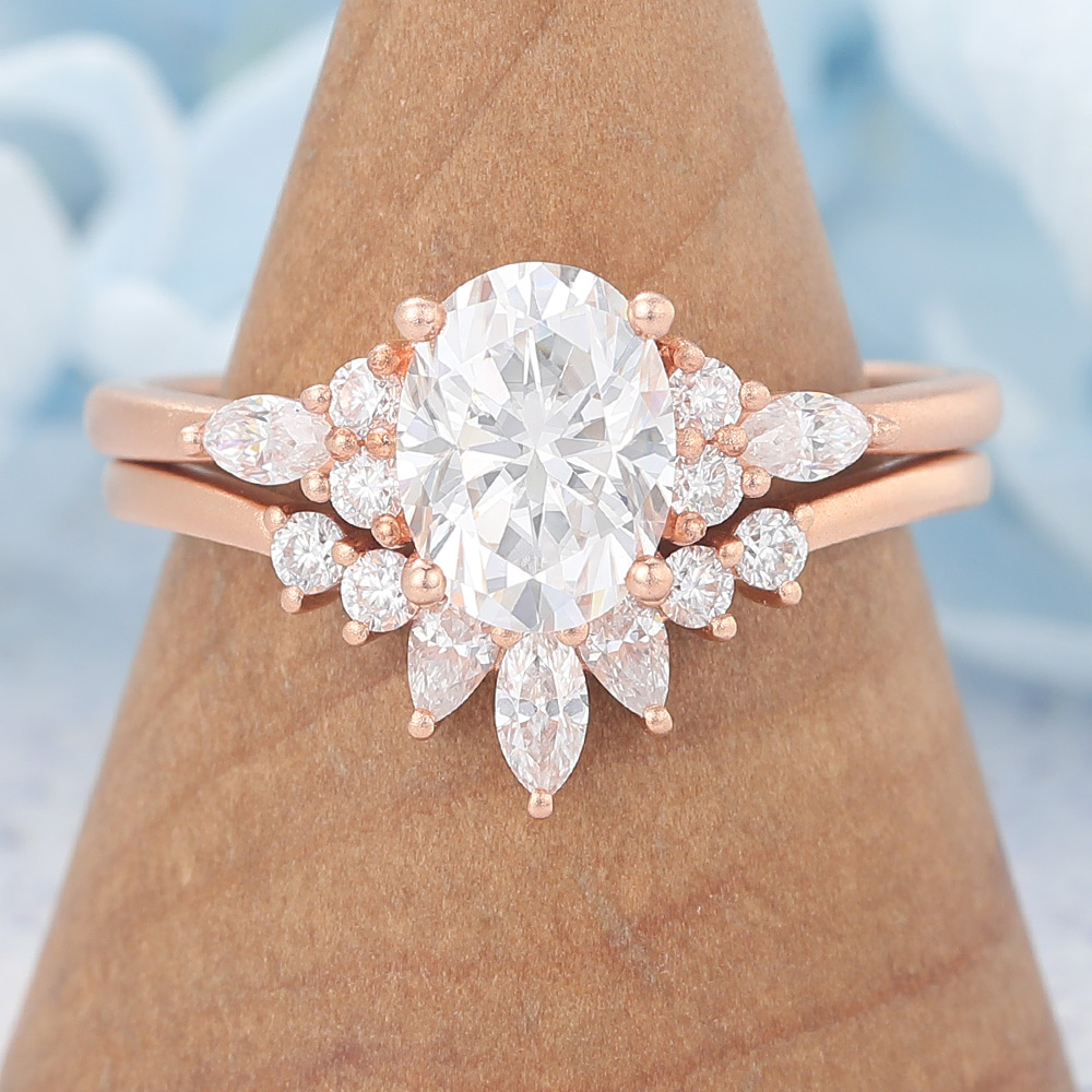 Matte Finish Oval Cut Moissanite Cluster Engagement Ring Set