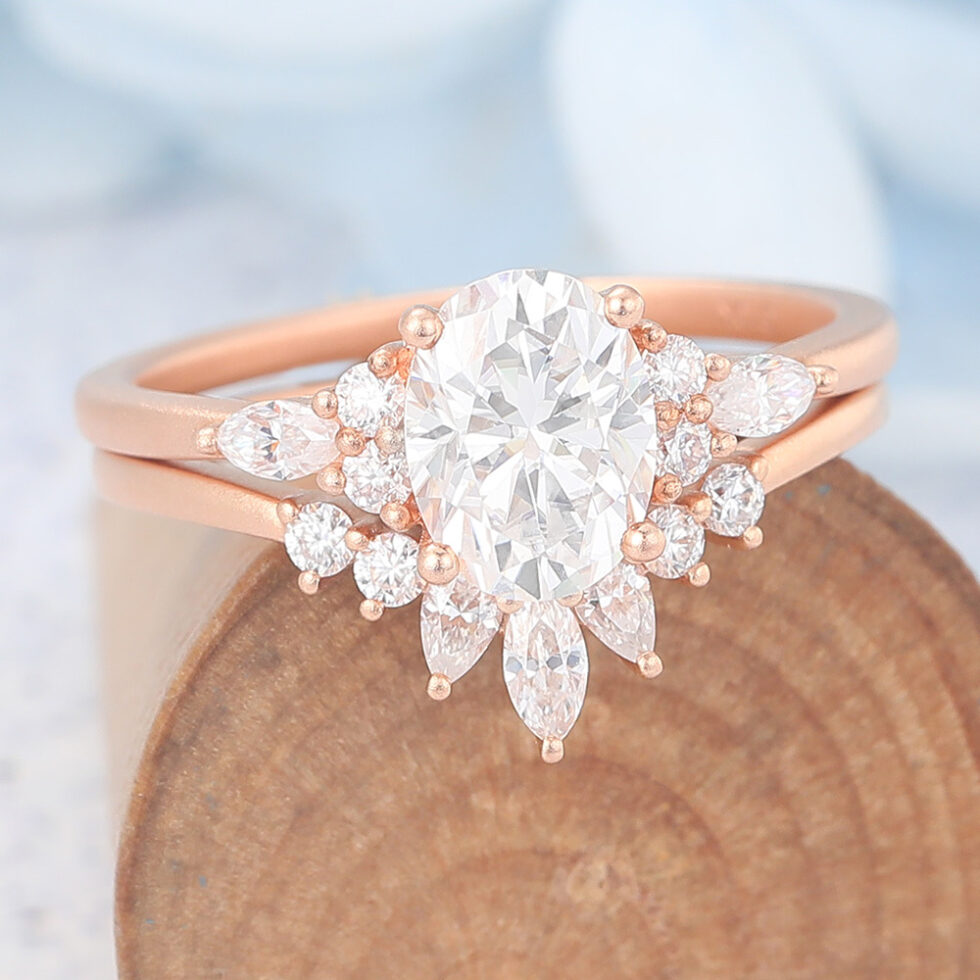 Matte Finish Oval Cut Moissanite Cluster Engagement Ring Set