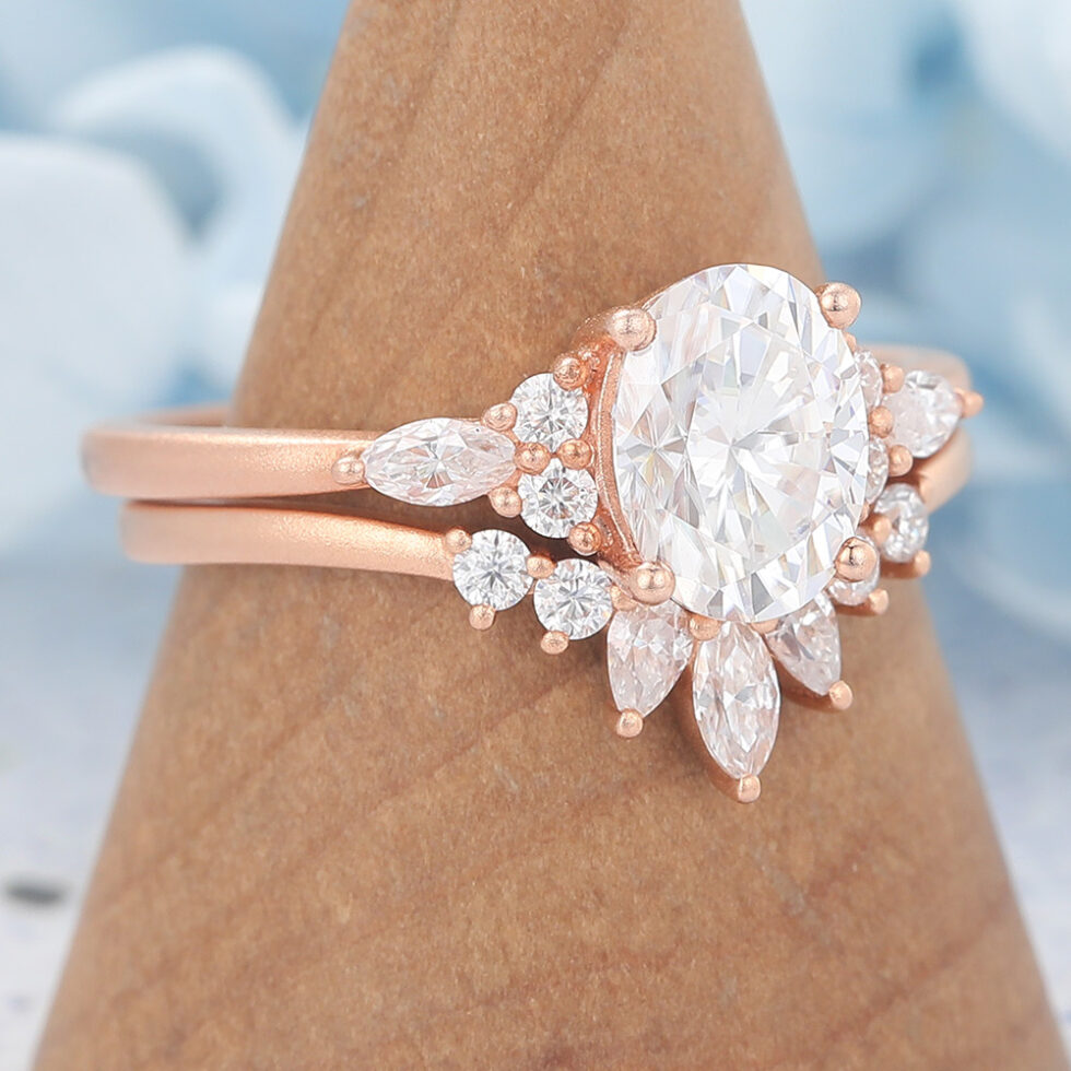 Matte Finish Oval Cut Moissanite Cluster Engagement Ring Set