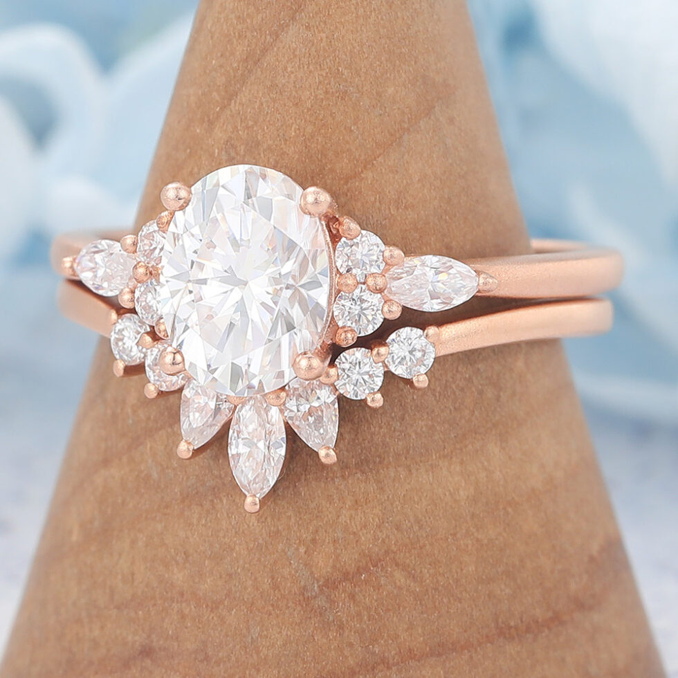 Matte Finish Oval Cut Moissanite Cluster Engagement Ring Set