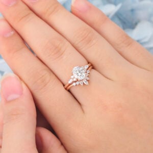 Matte Finish Oval Cut Moissanite Cluster Engagement Ring Set