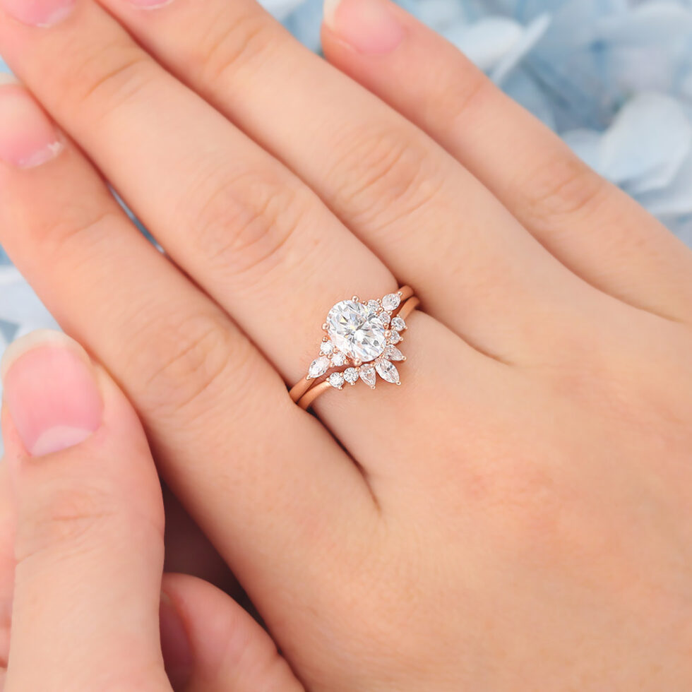 Matte Finish Oval Cut Moissanite Cluster Engagement Ring Set