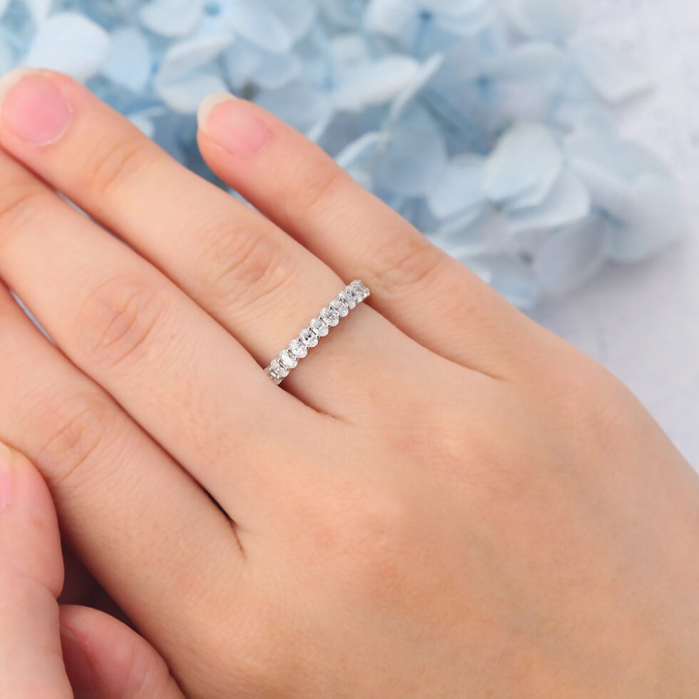 Half Eternity Oval Cut Moissanite Wedding Band Matte Finish