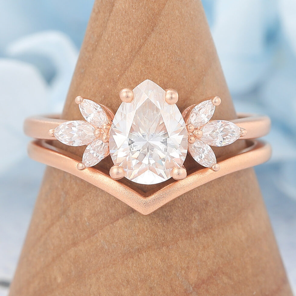 Matte Finish Pear Cut Moissanite Engagement Ring Set Solid Wedding Band