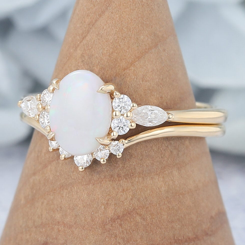 Oval Cut Opal Engagement Ring Set Vintage Bridal Set