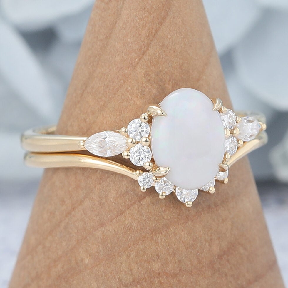 Oval Cut Opal Engagement Ring Set Vintage Bridal Set