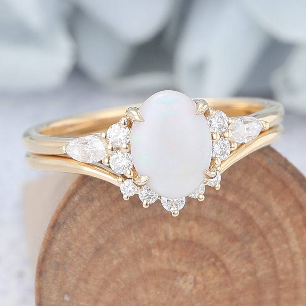 Oval Cut Opal Engagement Ring Set Vintage Bridal Set