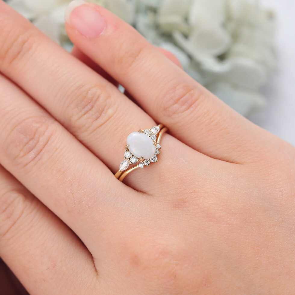 Oval Cut Opal Engagement Ring Set Vintage Bridal Set