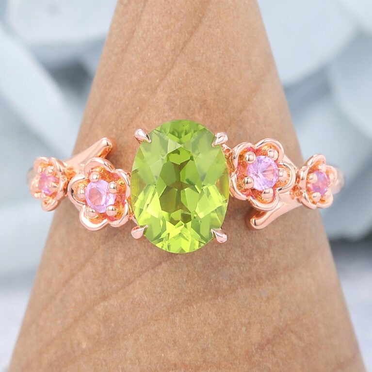 Oval Cut Peridot Engagement Ring Natural-Inspired Band