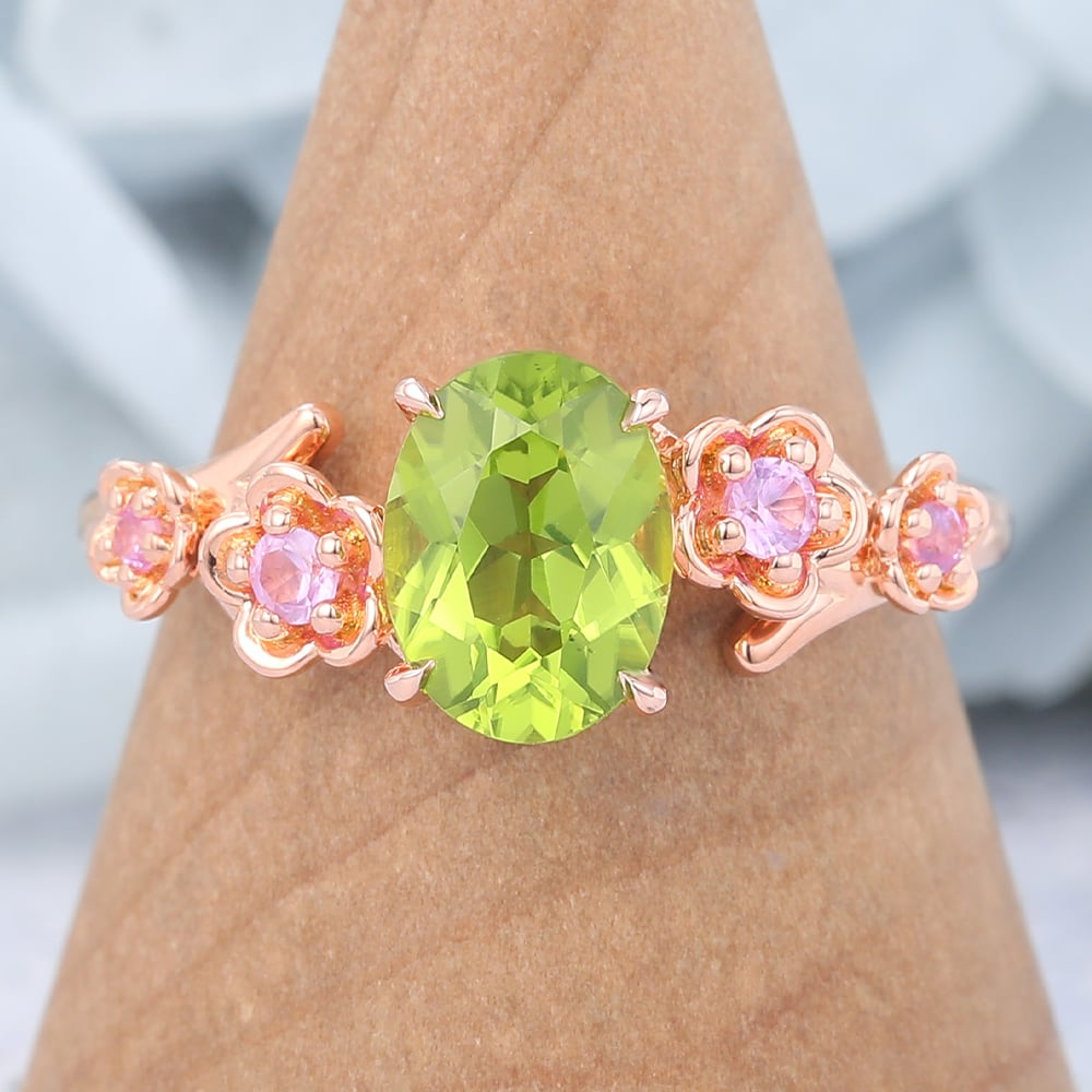 Oval Cut Peridot Engagement Ring Natural-Inspired Band
