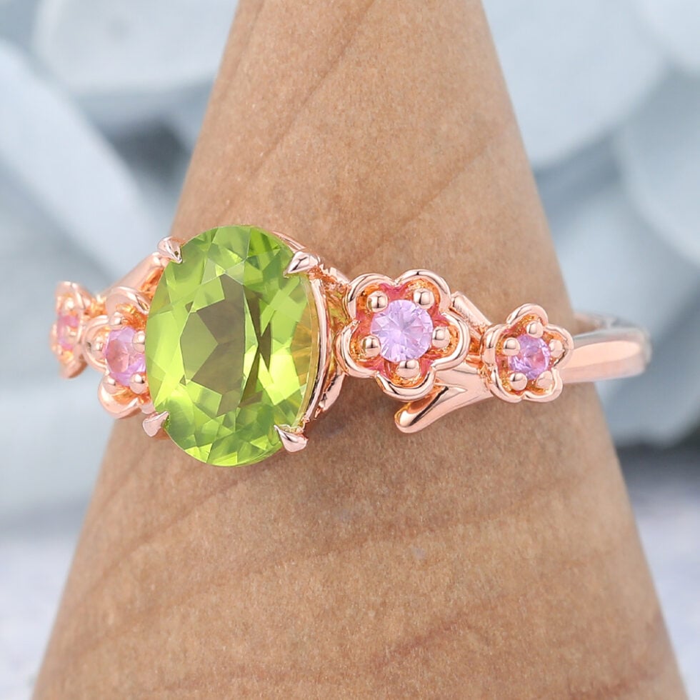 Oval Cut Peridot Engagement Ring Natural-Inspired Band