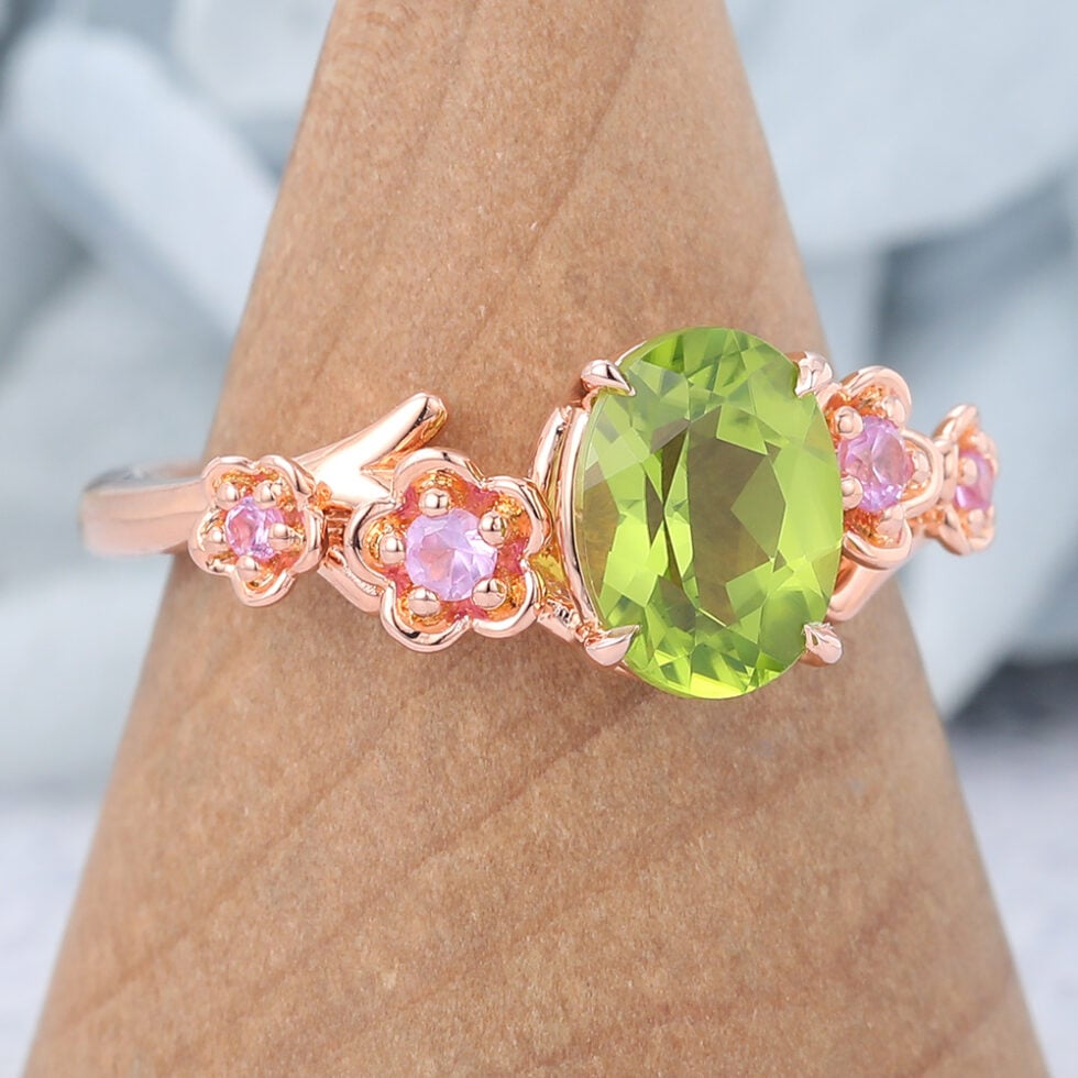 Oval Cut Peridot Engagement Ring Natural-Inspired Band