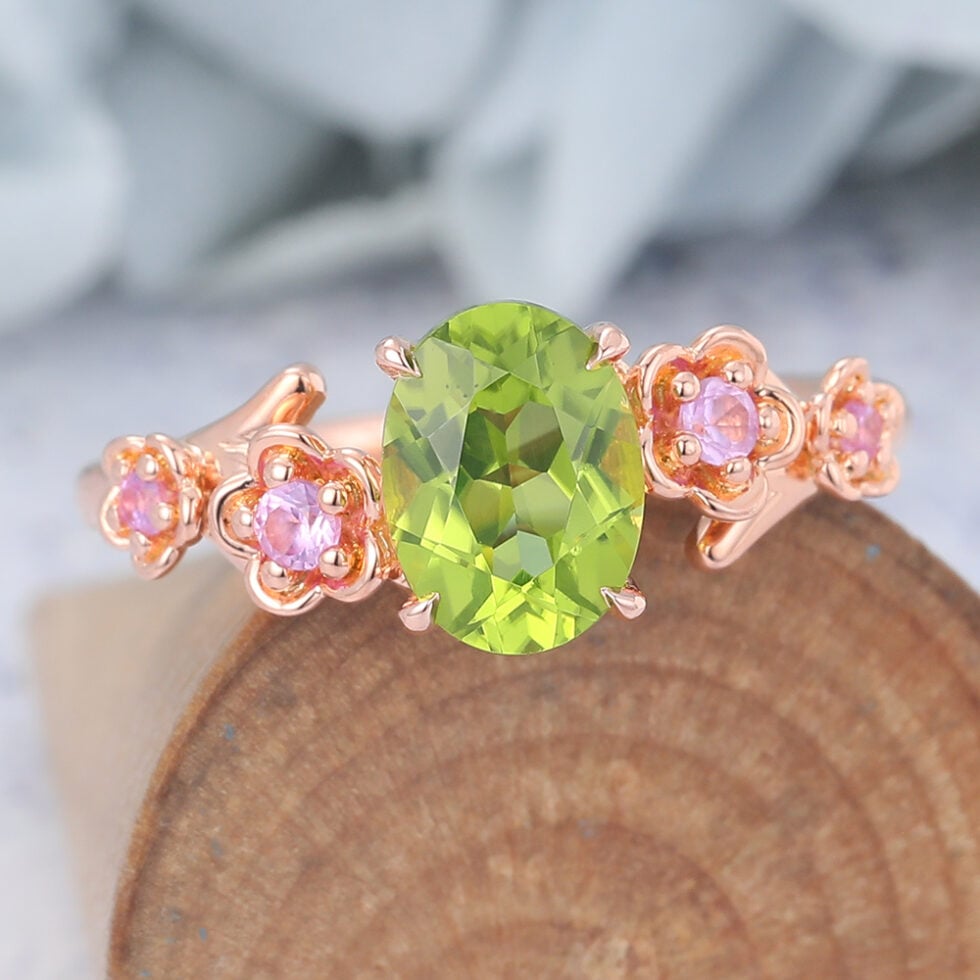 Oval Cut Peridot Engagement Ring Natural-Inspired Band
