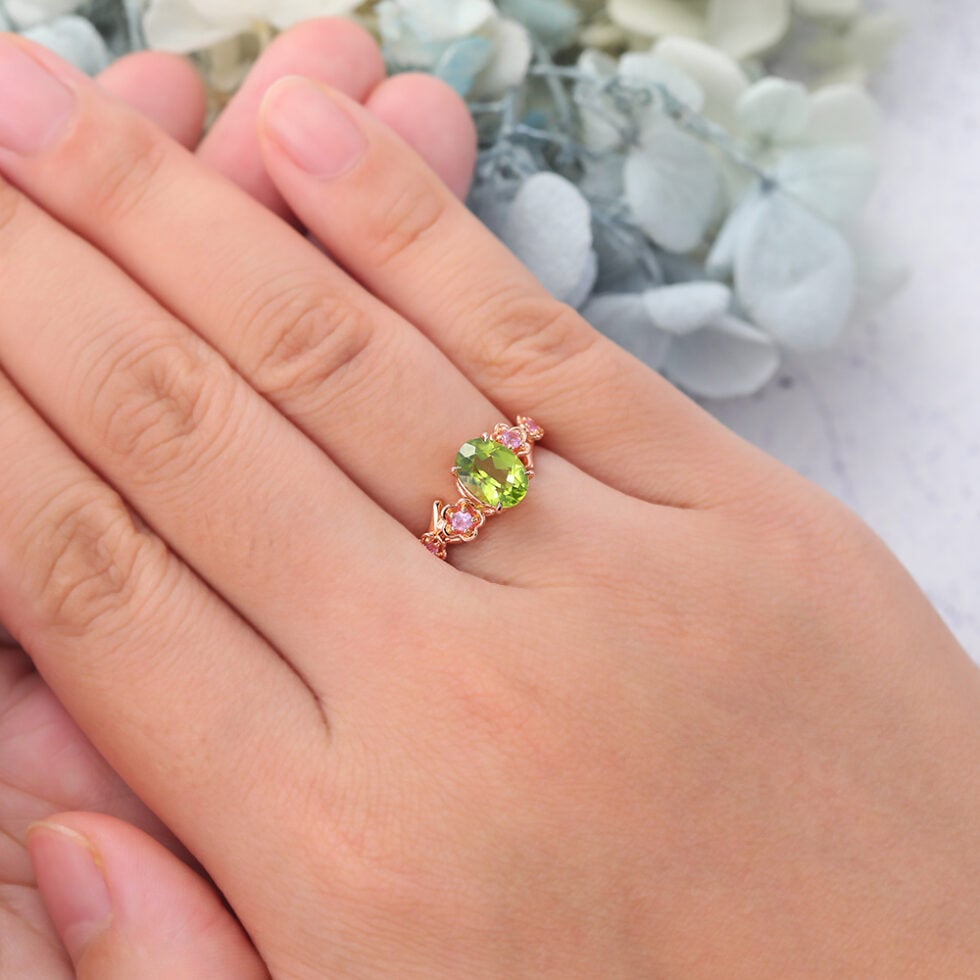 Oval Cut Peridot Engagement Ring Natural-Inspired Band
