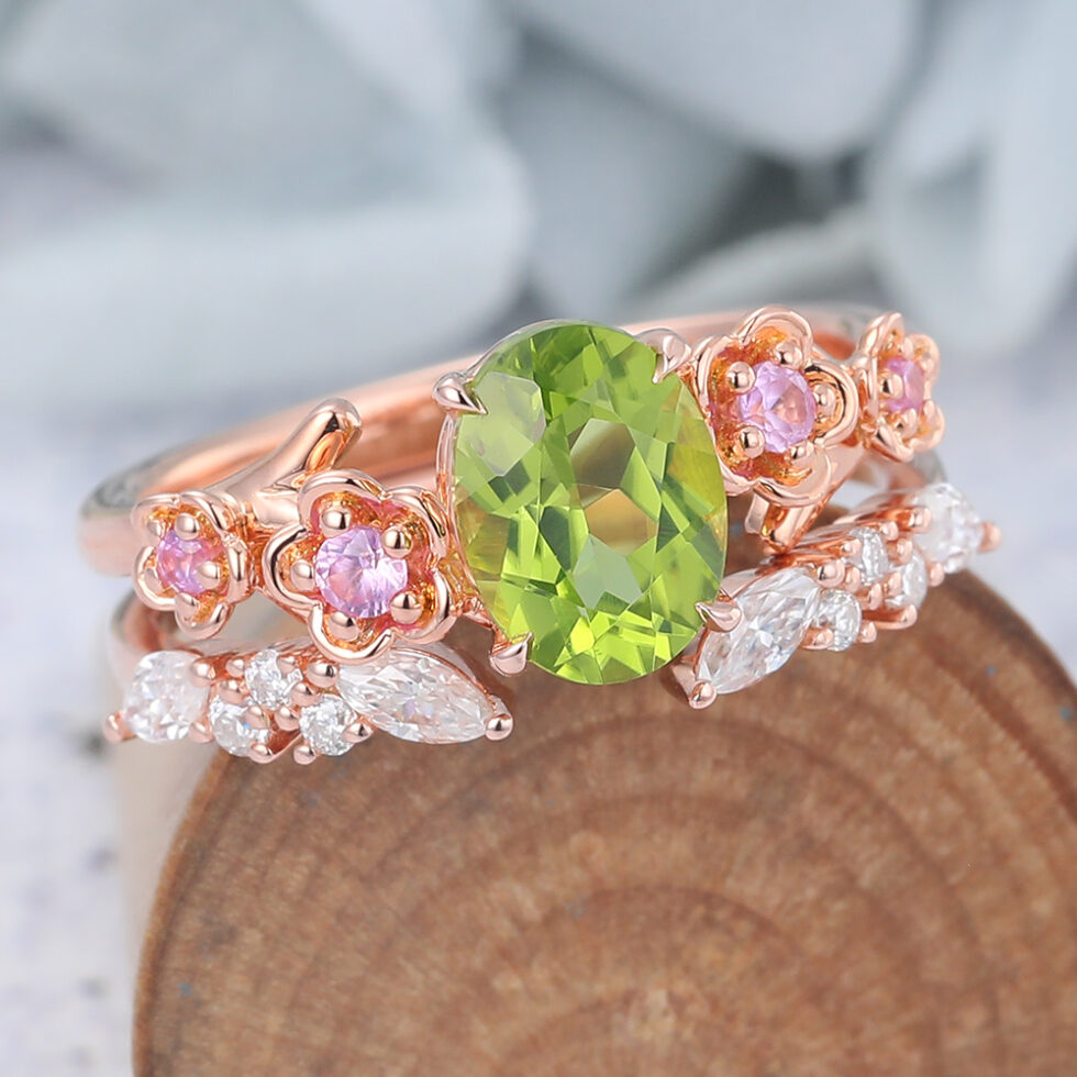 Oval Cut Peridot Nature-Inspired Bridal Ring Set with Pink Sapphire Accents