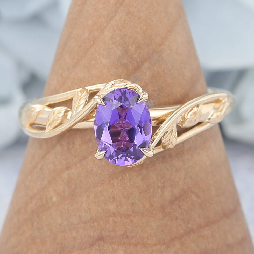 Oval Cut Purple Sapphire Engagement Ring Nature Inspired Solitaire Ring