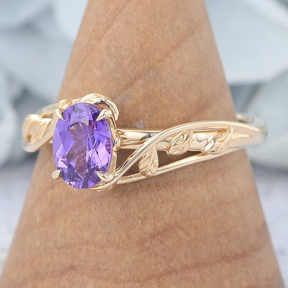 Oval Cut Purple Sapphire Engagement Ring Nature Inspired Solitaire Ring