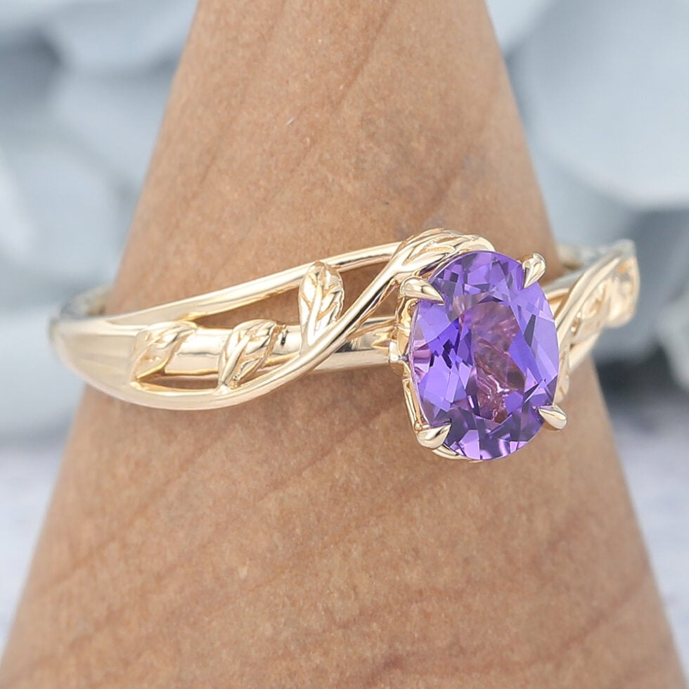 Oval Cut Purple Sapphire Engagement Ring Nature Inspired Solitaire Ring