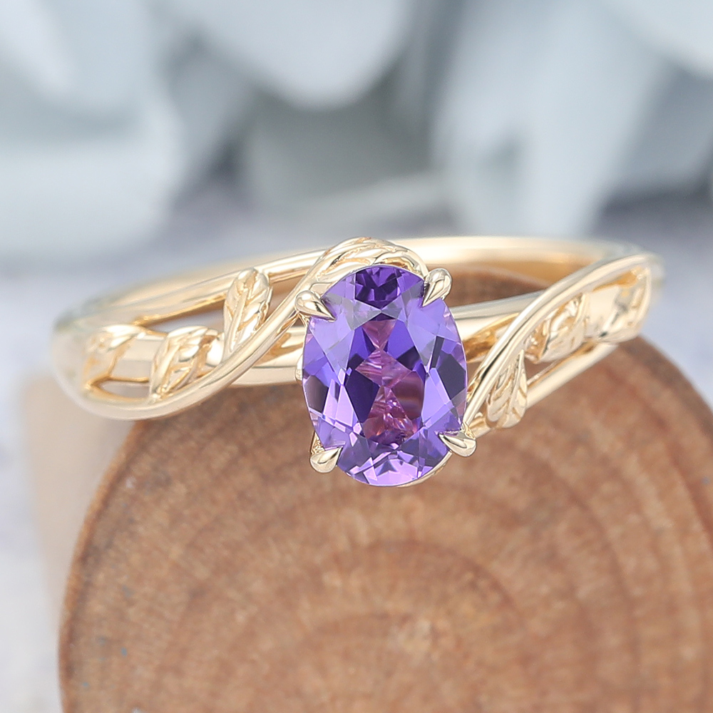 Oval Cut Purple Sapphire Engagement Ring Nature Inspired Solitaire Bridal Ring (4) Oval Cut Purple Sapphire Engagement Ring Nature Inspired Solitaire Bridal Ring (4)