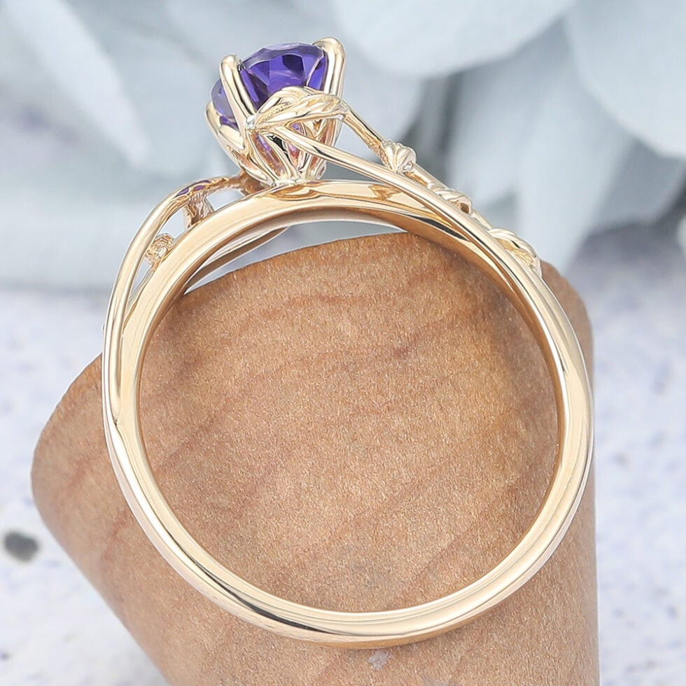 Oval Cut Purple Sapphire Engagement Ring Nature Inspired Solitaire Ring