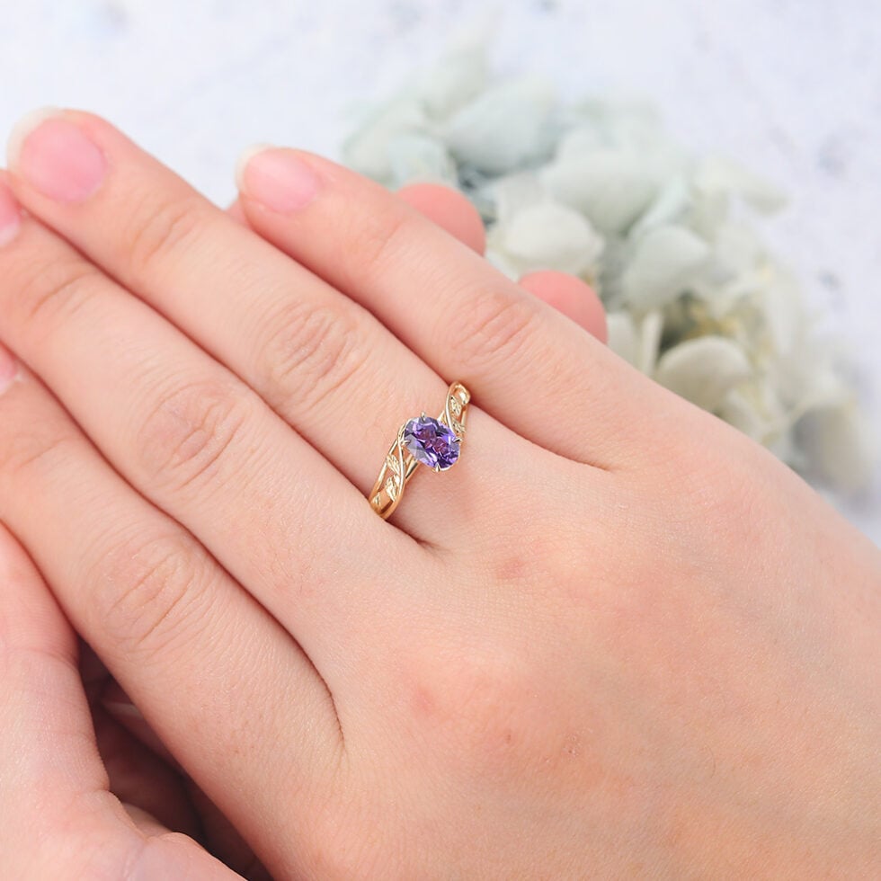 Oval Cut Purple Sapphire Engagement Ring Nature Inspired Solitaire Ring
