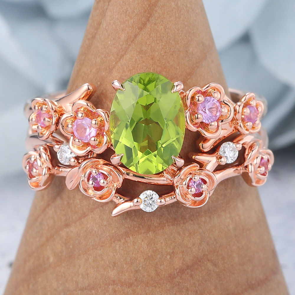 Oval Cut Peridot Bridal Ring Set Nature-Inspired Engagement Ring