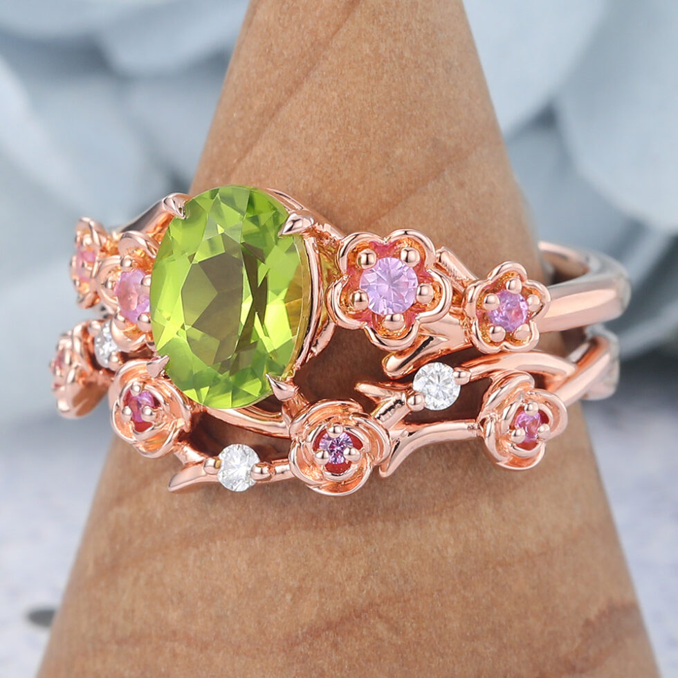 Oval Cut Peridot Bridal Ring Set Nature-Inspired Engagement Ring