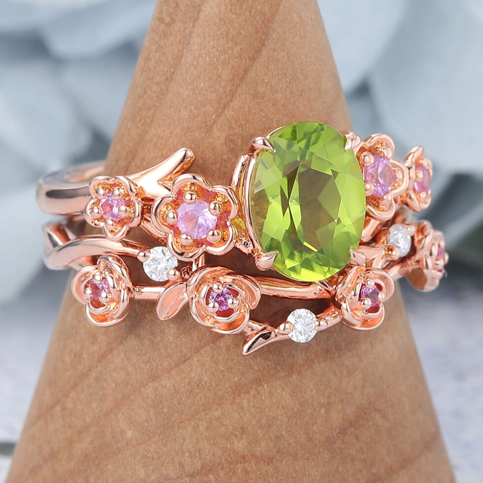 Oval Cut Peridot Bridal Ring Set Nature-Inspired Engagement Ring
