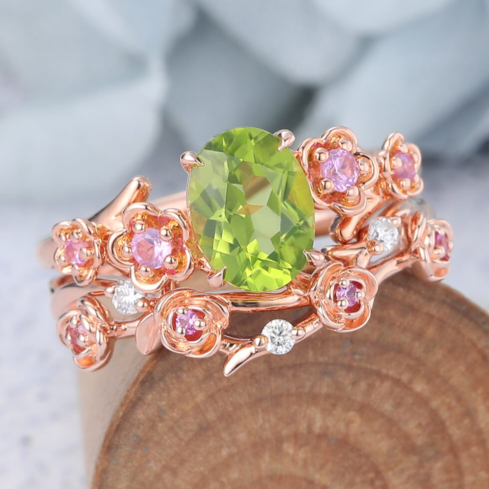 Oval Cut Peridot Bridal Ring Set Nature-Inspired Engagement Ring