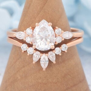 Matte Finish Pear Cut Moissanite Cluster Engagement Ring Set