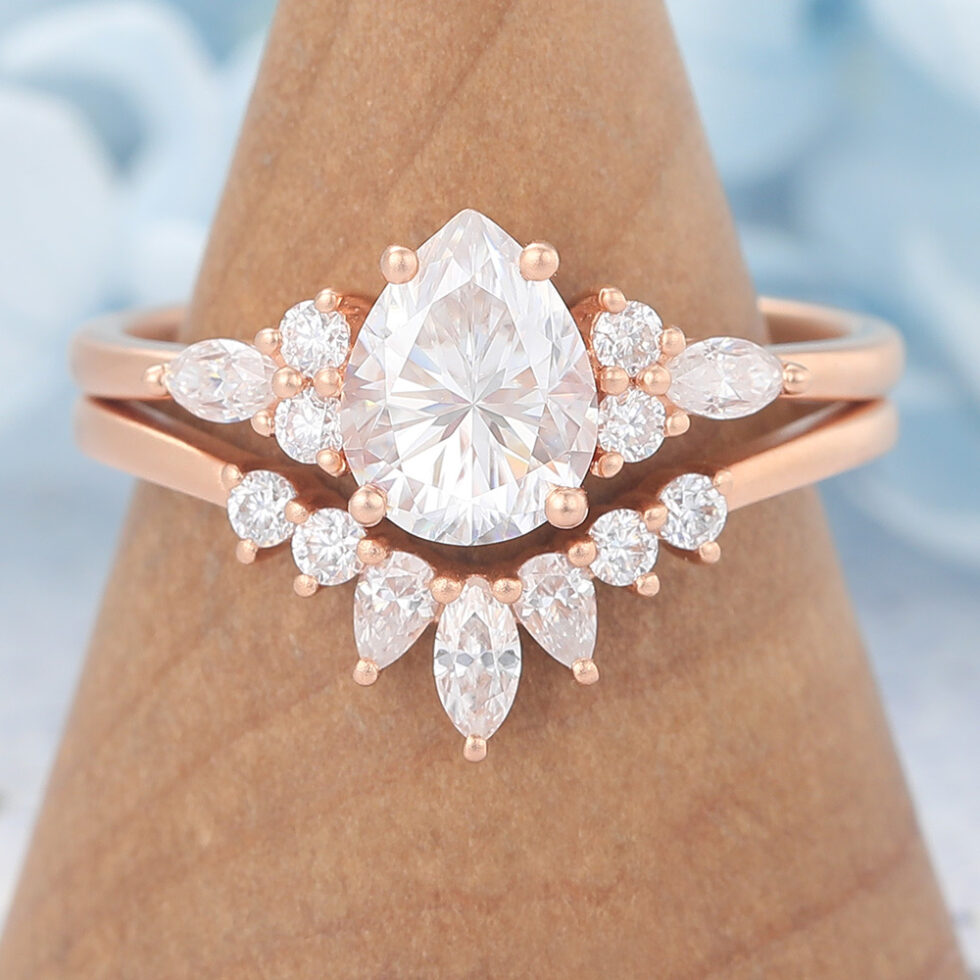 Matte Finish Pear Cut Moissanite Cluster Engagement Ring Set